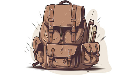 Illustration of a brown backpack with a thermometer on a white backgroundの素材