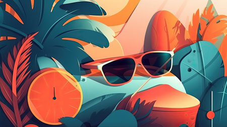 Summer background with palm trees, sunglasses and orange. Vector illustration.の素材