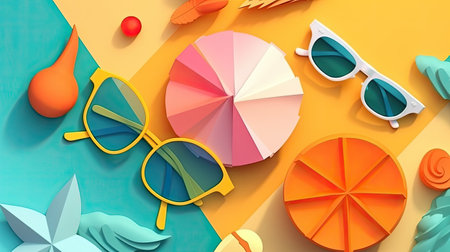 3d illustration of colorful summer background with sunglasses and beach accessories.の素材
