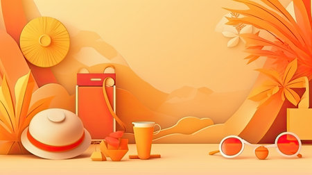 3d illustration of summer background with beach accessories. Vacation and travel conceptの素材