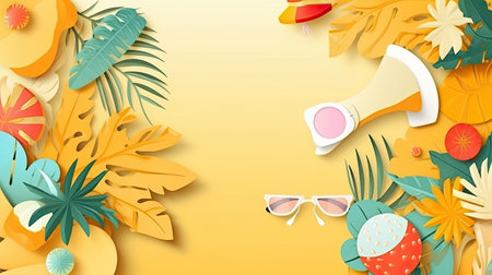Summer background with tropical leaves, sunglasses and megaphone. Vector illustration.の素材