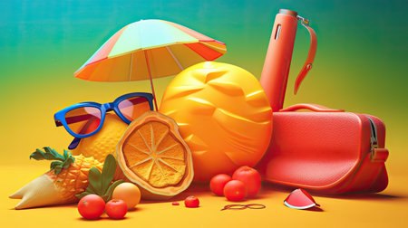 Summer vacation concept, 3d illustration, orange, lemon, sunglasses, bag and cocktailの素材