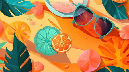 Summer background with palm leaves, orange and sunglasses. Vector illustration.の素材