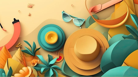 3d illustration of summer background with hat, sunglasses and paper flowersの素材
