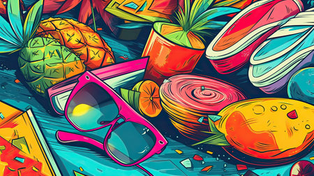 Hand drawn vector abstract summer time cartoon illustration with sunglasses, pineapple and tropical plants.の素材