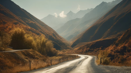 Autumn landscape with mountains and roadの素材