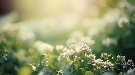 White flowers of buckwheat on a background of green grass.の素材