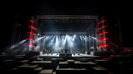 Stage lights and crowd at a concert, dramatic lighting effect, tonedの素材