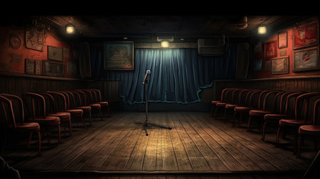Old cinema or theater interior with seats and lights.の素材