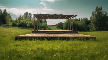 Wooden gazebo on a green meadow in summerの素材