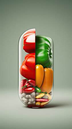 Vegetables in a glass jar on a gray background, healthy pill concept.の素材