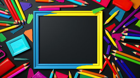 School supplies frame on black background. Back to school.の素材