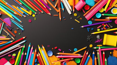 School supplies on black background. Top view.の素材