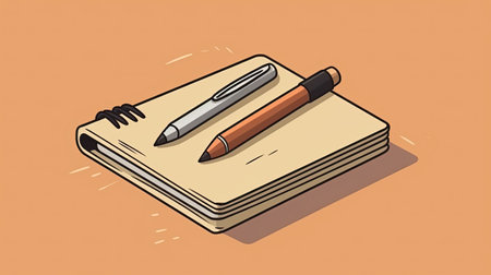 Notebook with pen and pencil on orange background.の素材