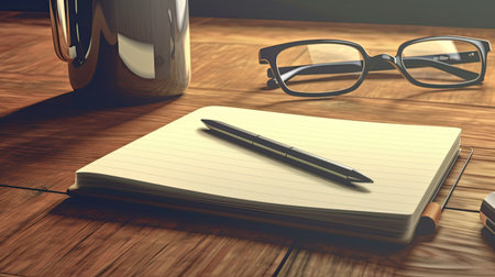 Notepad with pen and glasses on wooden table.の素材
