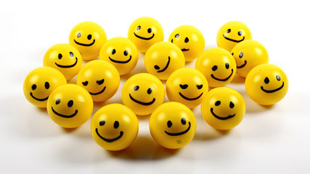 Smiling yellow balls on white background with copy space. Isolated.の素材