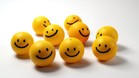 yellow balls with smiley faces on white backgroundの素材