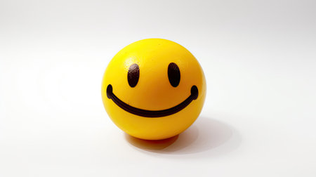 Smiling yellow emoticon on a white background, close-upの素材