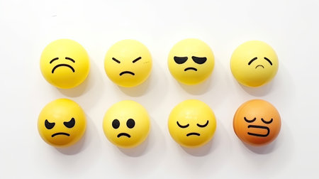 Emoticon with sad and angry face isolated on white background.の素材