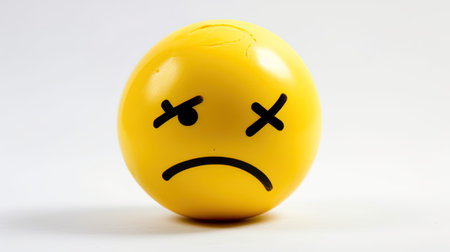 Sad emoticon on a yellow egg, isolated on a white backgroundの素材