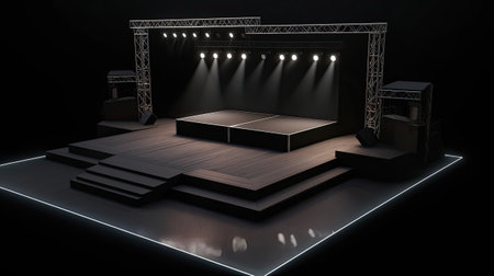 stage with lighting and spotlights in a dark roomの素材