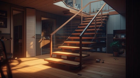 Wooden stairs leading to the living room.の素材