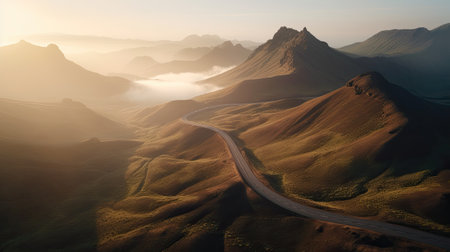 Beautiful mountain landscape with road and fog in the morning.の素材