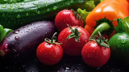 Fresh vegetables with water drops on black background. Healthy food concept.の素材