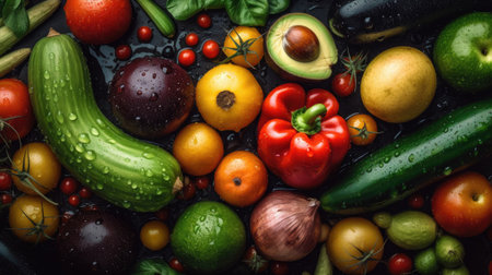 Healthy food background. Vegetables, fruits and vegetables on a black background.の素材