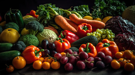 Composition with variety of raw organic vegetables on dark background. Balanced diet.の素材