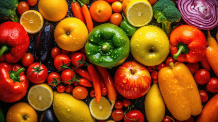 Fresh fruits and vegetables background. Healthy food concept. Top view.の素材
