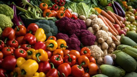 Variety of vegetables on display on a table flat layの素材