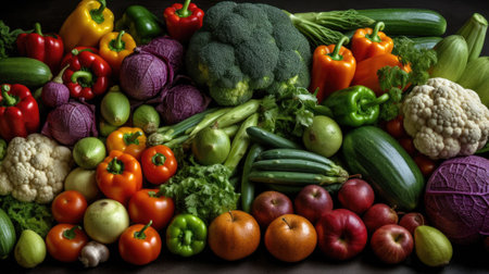 Composition with variety of raw organic vegetables on wooden table. Food backgroundの素材