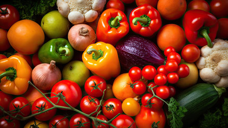 Variety of fresh organic vegetables. Healthy food background. Top view.の素材