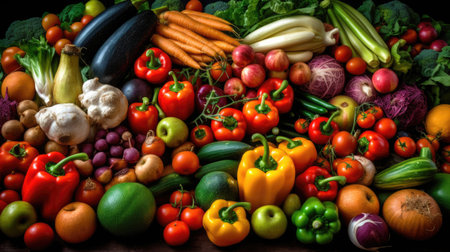 Variety of fresh organic fruits and vegetables. Healthy food background.の素材