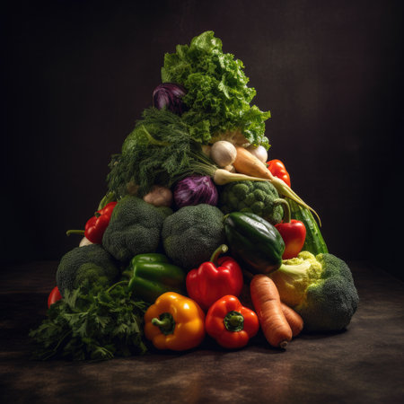 Fruits and vegetables in the form of a Christmas tree on a dark backgroundの素材