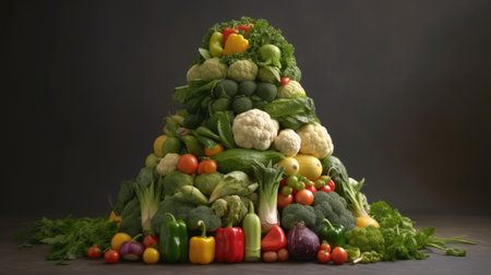 Fruit and vegetable pyramid made of fresh vegetables on a dark backgroundの素材