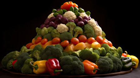 Vegetables in the form of a pyramid on a black backgroundの素材