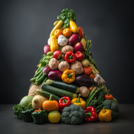 Fruit and vegetables in the form of a Christmas tree on a dark backgroundの素材