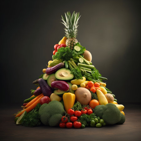 Fruit and vegetable Christmas tree made of fruits and vegetables on dark backgroundの素材