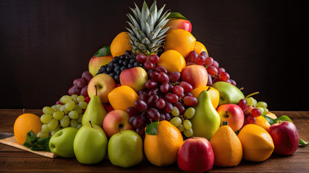 Fruit pyramid made of fresh fruits on wooden table with copy spaceの素材
