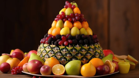 Fruit cake in the shape of a pyramid with different fruits.の素材