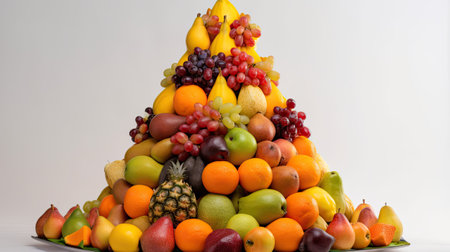Fruit pyramid in the form of a Christmas tree on a white backgroundの素材