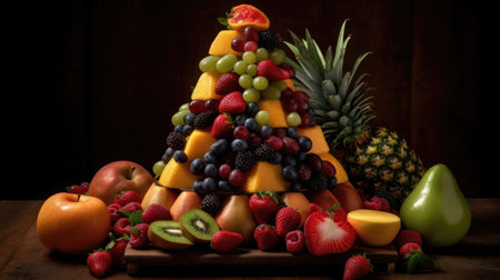 Fruit pyramid in shape of pineapples, strawberries, blueberries, raspberries, kiwi, grapes and orangesの素材