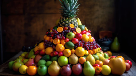 Fruit pyramid made of various fruits on a wooden table in a rustic styleの素材