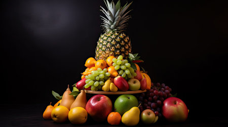Fruits were placed together in a basket, forming a pyramid.の素材