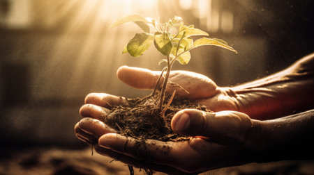 Hands holding green seedling growing in soil. Earth day conceptの素材