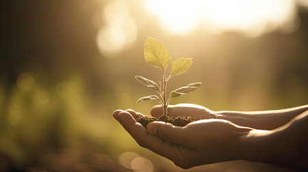 Human hands holding a young plant growing in the soil with sunlight backgroundの素材