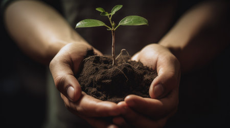 Hands holding young green plant with soil in dark room, Ecology conceptの素材