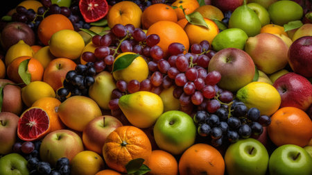 Fruits background. Fruits were placed together in a pile.の素材